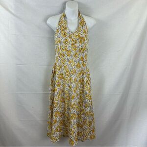 Pact Organic Cotton Yellow White Floral Knee Length Halter Spring Midi Dress